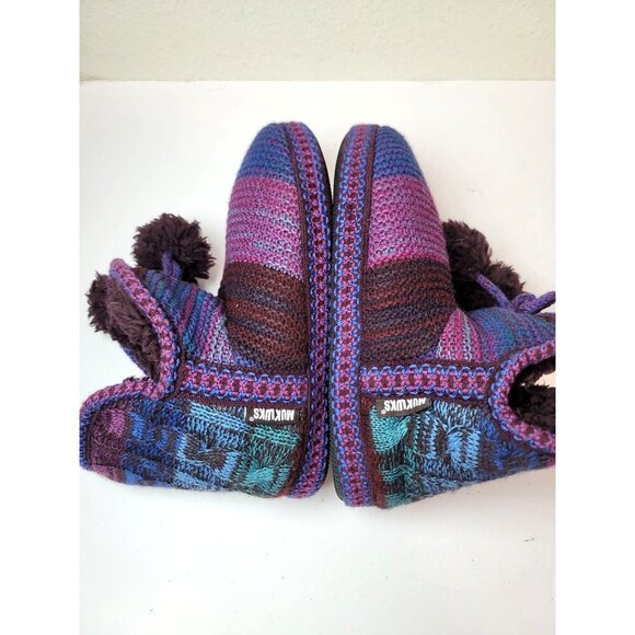 Muk Luks Handcrafted Wool Slippers With Faux Fur Lining & Pom Poms - Purple & Pi - Picture 7 of 10